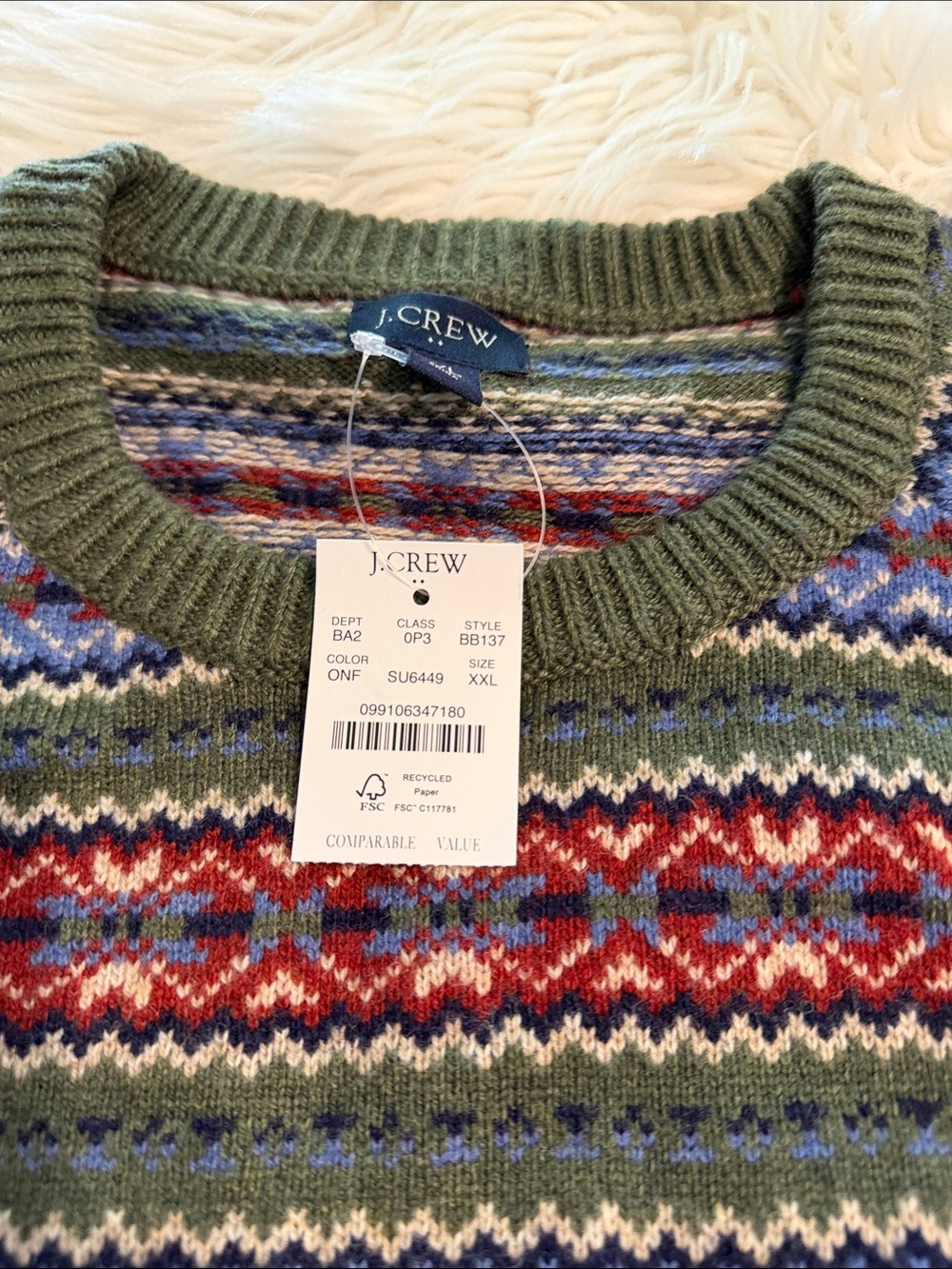 J. Crew Olive Fair Isle Crewneck Sweater with Red and Blue Accents beautiful XXL - Picture 7 of 8
